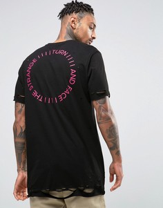 Длинная футболка с принтом на спине и рваной отделкой ASOS - Черный