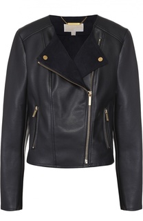 Кожаная куртка с косой молнией и круглым вырезом MICHAEL Michael Kors