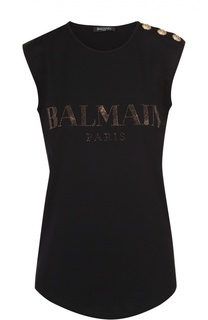 Топ без рукавов с логотипом бренда и декоративной отделкой Balmain