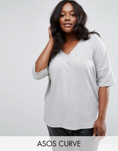 Oversize-футболка в рубчик с асимметричной кромкой ASOS CURVE - Серый