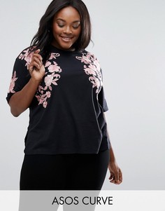 Футболка с цветочной вышивкой ASOS CURVE - Черный