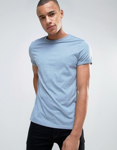 Голубая меланжевая футболка с отворотами на рукавах ASOS - Синий