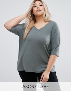 Oversize-футболка в рубчик с асимметричной кромкой ASOS CURVE - Зеленый