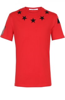 Хлопковая футболка с контрастными нашивками в виде звезд и принтом на рукавах Givenchy