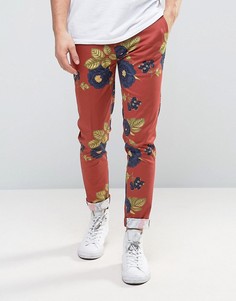 Бордовые строгие брюки скинни с цветочным принтом ASOS - Фиолетовый
