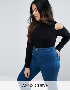 Топ в рубчик с вырезами на плечах и высокой горловиной ASOS CURVE - Черный