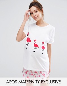 Пижамная футболка и шорты с фламинго для беременных ASOS Maternity - Белый