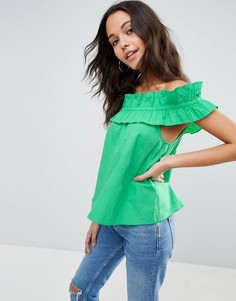 Хлопковый топ с открытыми плечами и сборками ASOS - Зеленый