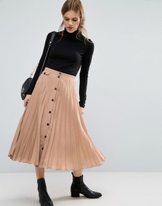 Плиссированная юбка миди на пуговицах ASOS - Коричневый