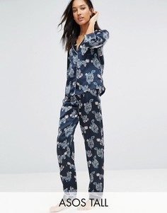 ASOS TALL Dragon Satin Shirt &amp; Long Leg Pyjama Set With Metallic Piping - Мульти