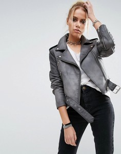 Кожаная байкерская куртка с выбеленным эффектом ASOS - Серый