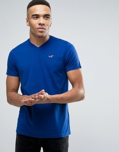 Синяя футболка узкого кроя с логотипом и V-образным вырезом Hollister Must Have - Синий