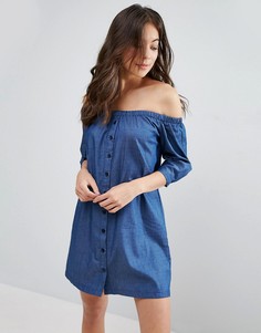 Influence Button Through Chambray Bardot Dress - Синий