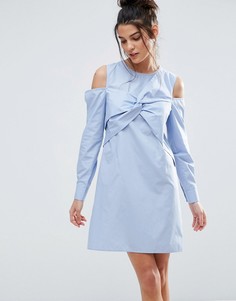 Хлопковое платье-рубашка с открытыми плечами и отделкой в стиле оригами ASOS - Синий