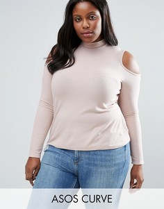 Топ в рубчик с вырезами на плечах и высокой горловиной ASOS CURVE - Розовый