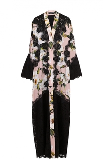 Шелковая абайя с цветочным принтом и контрастной кружевной отделкой Dolce & Gabbana