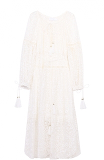 Шелковое кружевное платье-миди с поясом Zimmermann