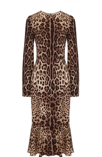 Приталенное платье-миди с леопардовым принтом и длинным рукавом Dolce &amp; Gabbana