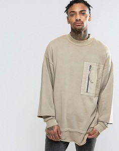 Длинный двухслойный оversize-свитшот с тканым карманом на молнии ASOS - Бежевый
