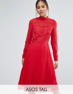 Плиссированное платье миди с высокой горловиной и кружевной отделкой ASOS TALL - Красный