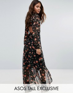 Платье макси с открытой спиной и цветочным принтом ASOS TALL - Синий