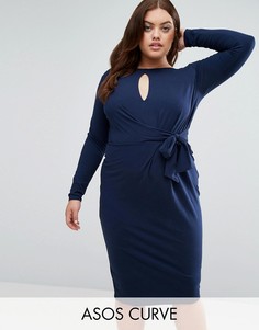 Платье миди с глубоким вырезом, длинными рукавами и завязкой сбоку ASOS CURVE - Темно-синий