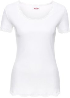 Эластичная футболка с коротким рукавом и кружевной отделкой (камышово-бежевый) Bonprix