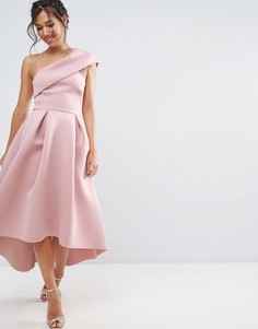 Приталенное платье миди на одно плечо с удлиненным кроем сзади ASOS - Розовый
