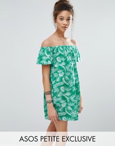 Платье с открытыми плечами и пальмовым принтом ASOS PETITE - Мульти
