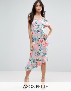 Платье миди на одно плечо с цветочным принтом и воланами ASOS PETITE - Мульти