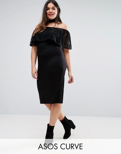 Платье с открытыми плечами и кружевными оборками ASOS CURVE - Черный