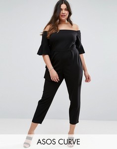Комбинезон с открытыми плечами и оборками на рукавах ASOS CURVE - Черный