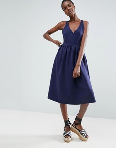 Платье миди для выпускного с V-образным вырезом ASOS - Темно-синий