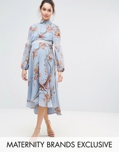 Платье миди с кружевными вставками и принтом птиц Hope &amp; Ivy Maternity - Синий