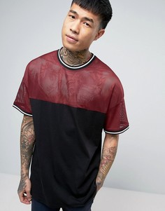 Oversize-футболка с сетчатой кокеткой и отделкой монохромной лентой ASOS - Черный