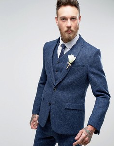 Приталенный пиджак в клетку из твида Харрис на основе 100% шерсти ASOS WEDDING - Синий