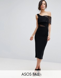 Платье миди с открытыми плечами и кружевной вставкой ASOS TALL - Черный