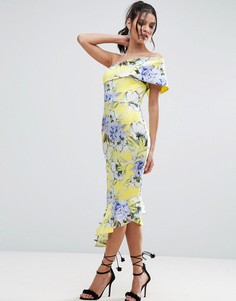 Платье миди на одно плечо с цветочным принтом и воланом по низу ASOS - Желтый