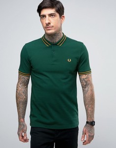 Зеленое узкое поло из пике с двойным кантом Fred Perry - Зеленый