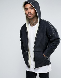 Черная двусторонняя куртка из искусственного меха с капюшоном ASOS - Черный