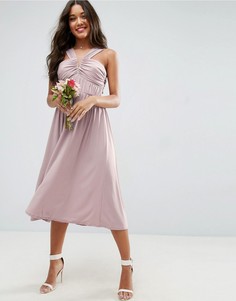 Платье миди с V-образным вырезом и присборенной отделкой ASOS WEDDING - Бежевый