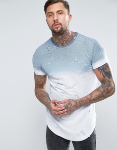 Синяя рваная футболка с эффектом выцветания и закругленным подолом SikSilk - Темно-синий