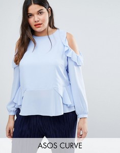 Блузка с вырезами и рюшами на плечах ASOS CURVE - Синий