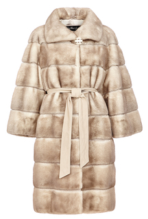 Шуба  из меха аукционной норки KOPENHAGEN FUR BURGUNDY QUALITY с воротом апаш и замшевым поясом Fellicci