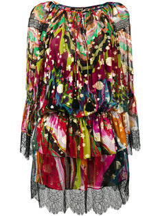 lace-trim floral tie-waist dress Roberto Cavalli