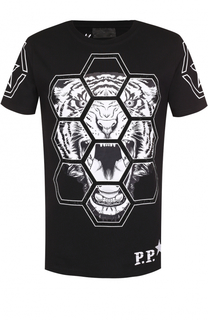 Хлопковая футболка с контрастным принтом и отделкой стразами Philipp Plein