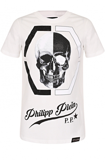 Хлопковая футболка с контрастным принтом и отделкой стразами Philipp Plein
