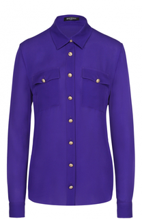 Шелковая блуза с накладными карманами и контрастными пуговицами Balmain