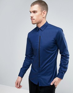 Синяя узкая рубашка с контрастной планкой HUGO by Hugo Boss Emac - Синий