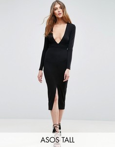 Платье миди с запахом и глубоким вырезом ASOS TALL - Черный
